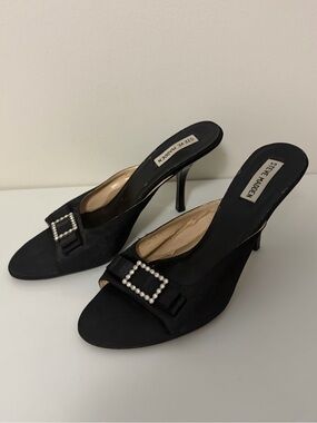 Steve Madden Black Satin Mule Heels with Buckle